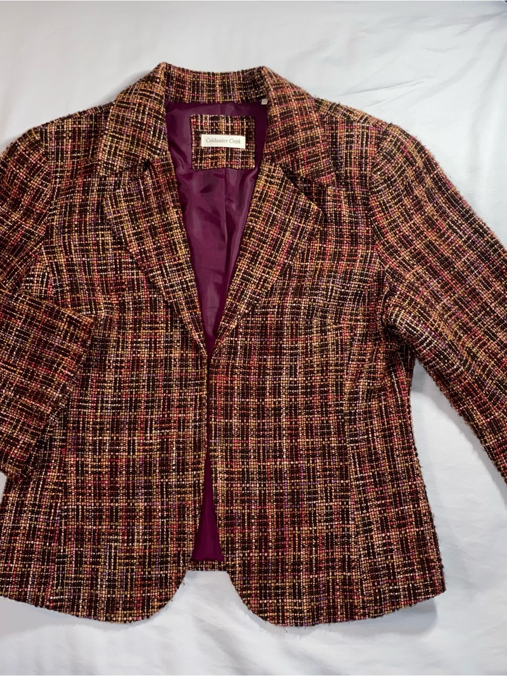 Coldwater Creek Purple Lining Multicolor Tweed Blazer Jacket Women's Size 12